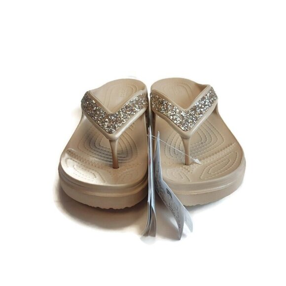 CROCS Sloane Glitter Wedge Flip Flops Womens Sz 9 Lightweight Sandals Chai Gold - Picture 6 of 9